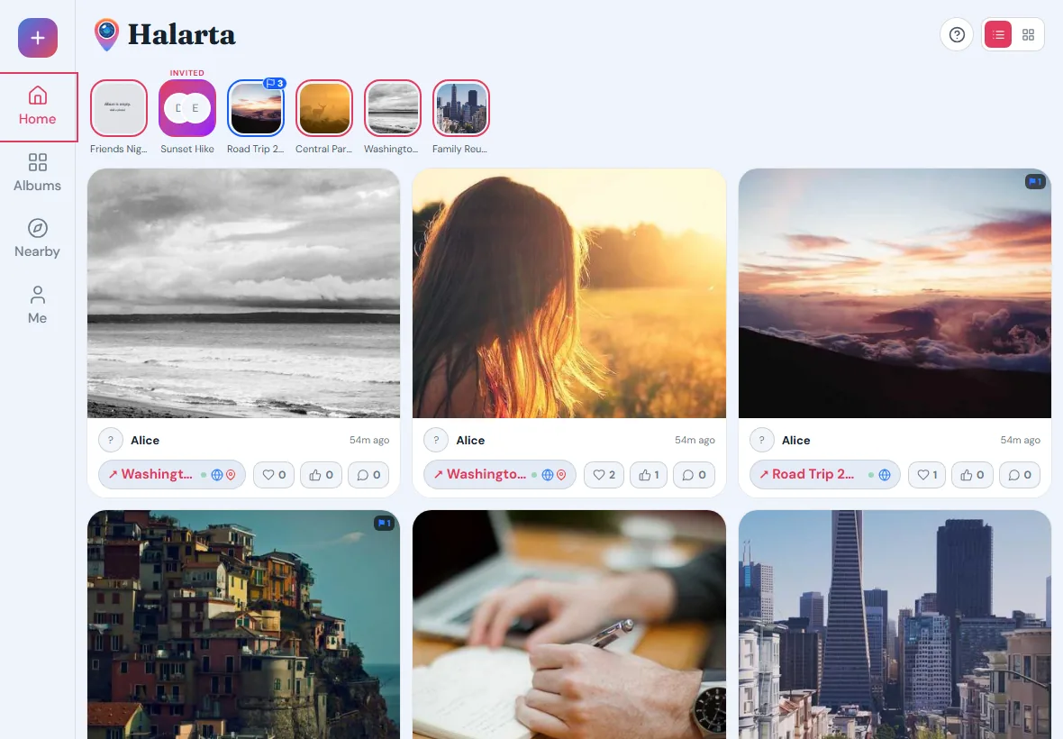 Halarta in a desktop browser: a row of album shortcuts above a grid of photo cards, each with its album, likes, and comments.
