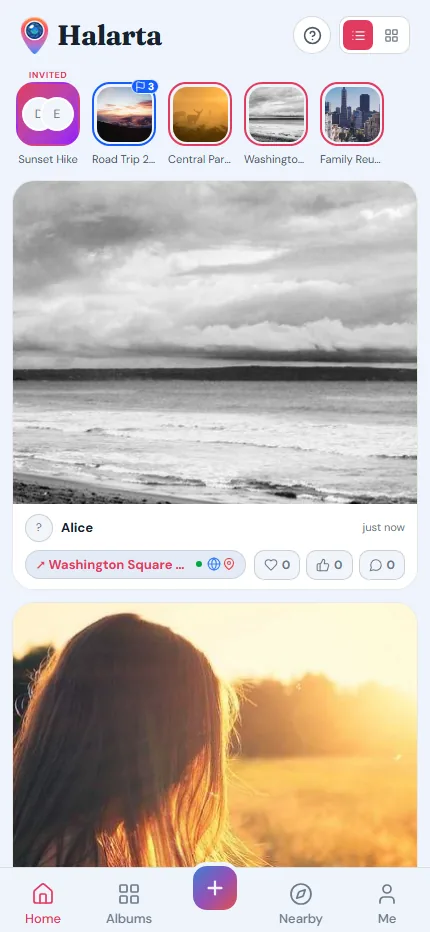 Halarta on a phone: album shortcuts across the top and the newest photos from those albums below.