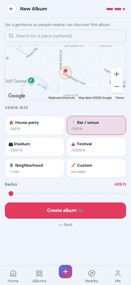 Setting an album’s area on a map, with sizes from a house party to a neighborhood.