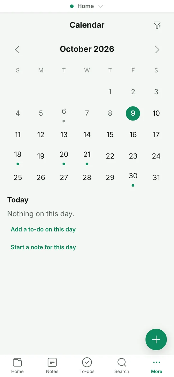 The calendar for October, with dots on the days that have something on them.