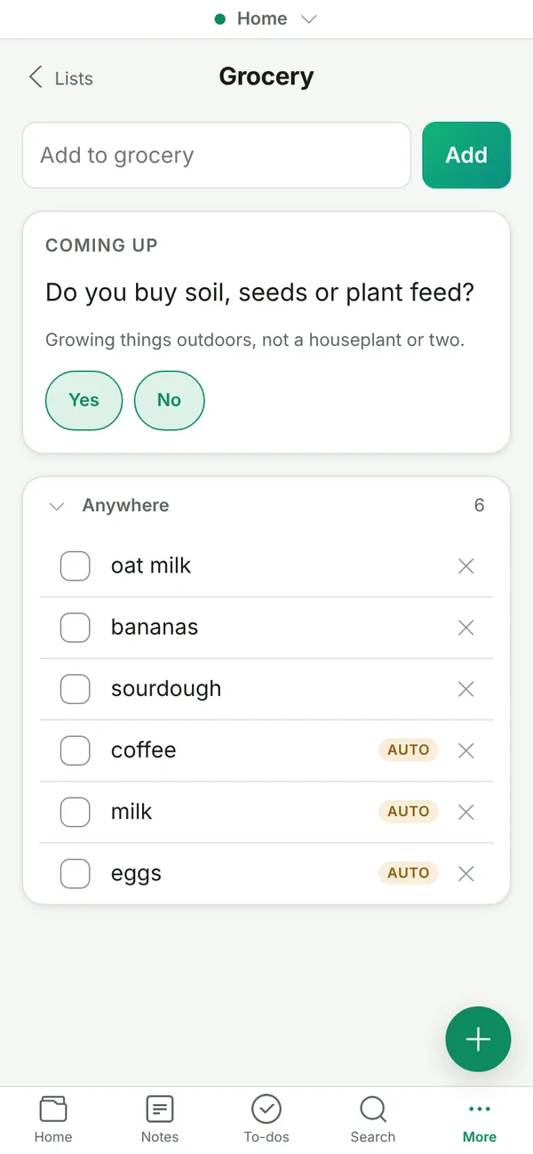 A Planet4.Me grocery list where coffee, milk, and eggs were added back automatically, marked “auto”.