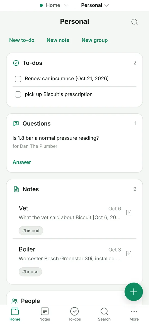The Planet4.Me home screen with to-dos, an open question, and recent notes.