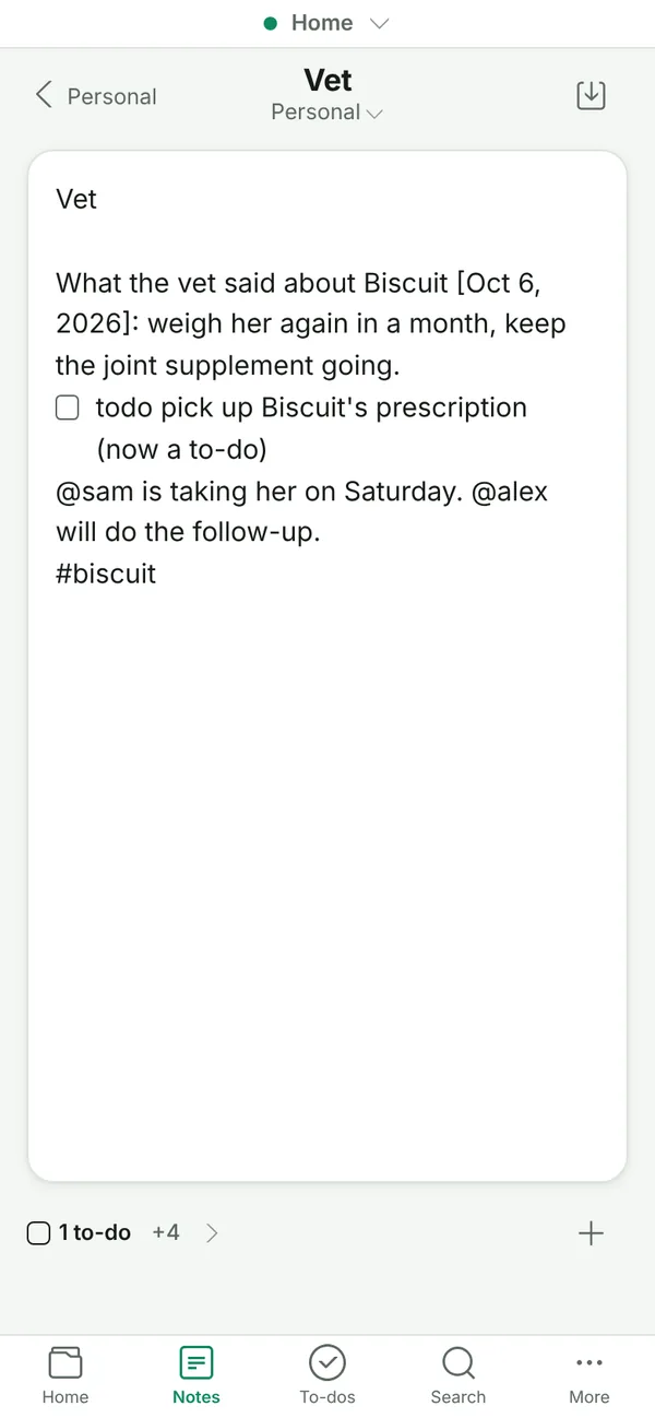 A note about a vet visit with a dated line and a to-do pulled out of it.