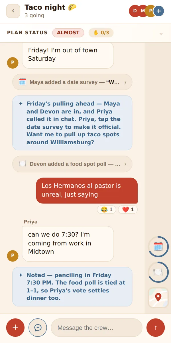 A Planet4.Us hangout chat about taco night, where Nova notes that Friday is pulling ahead and two taco spots are tied.