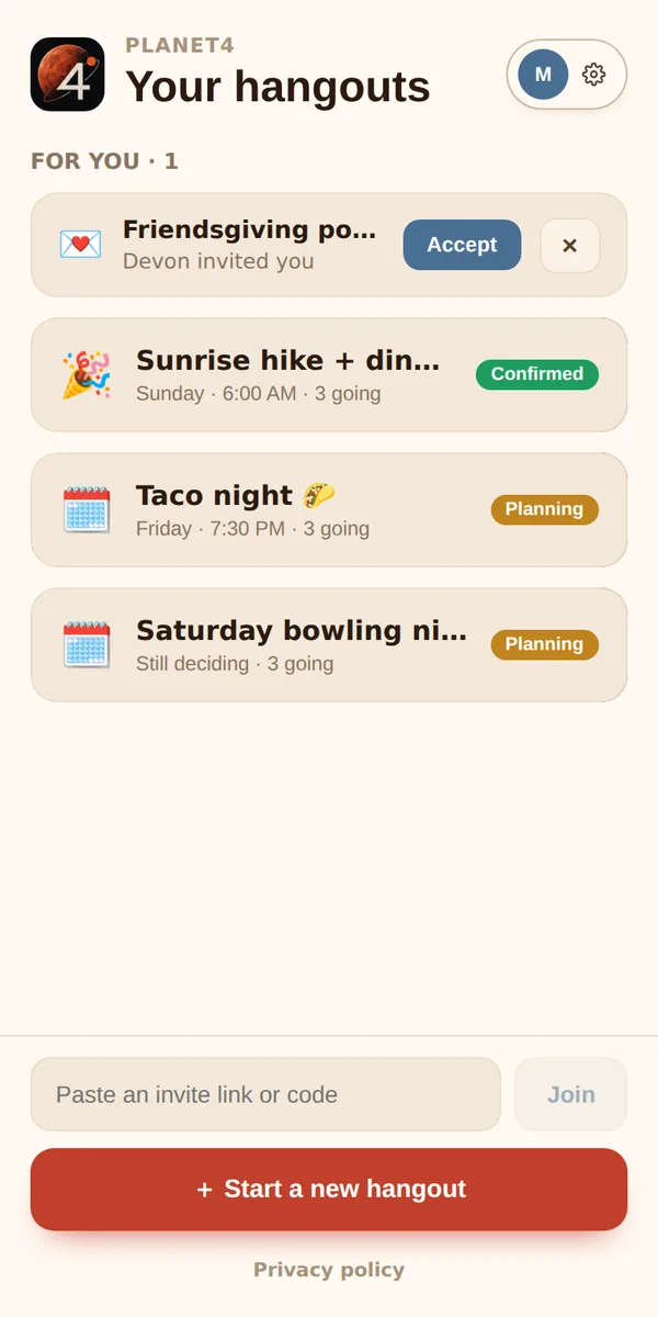 The Planet4.Us home screen listing hangouts that are planning, confirmed, or waiting on an invite.