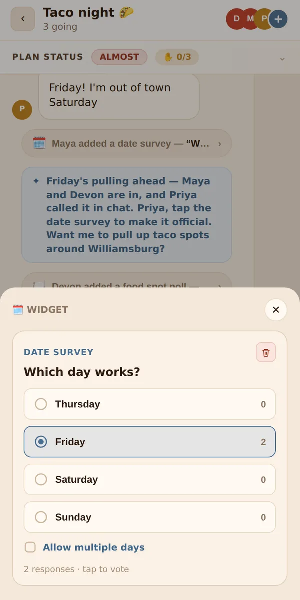 A poll in the chat asking which day works, with Friday in the lead.